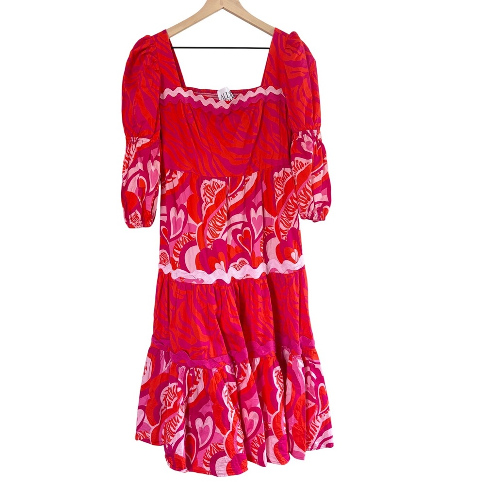Alden Adairβ Lovers Lane Heart Print Rickrack Tiered Midi Dress Large